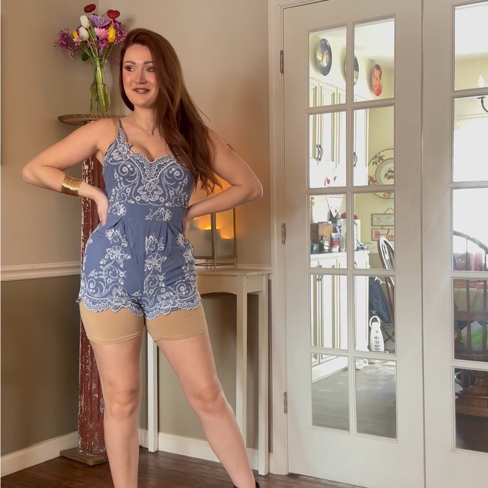 Blue Lace Romper with White Embroidery